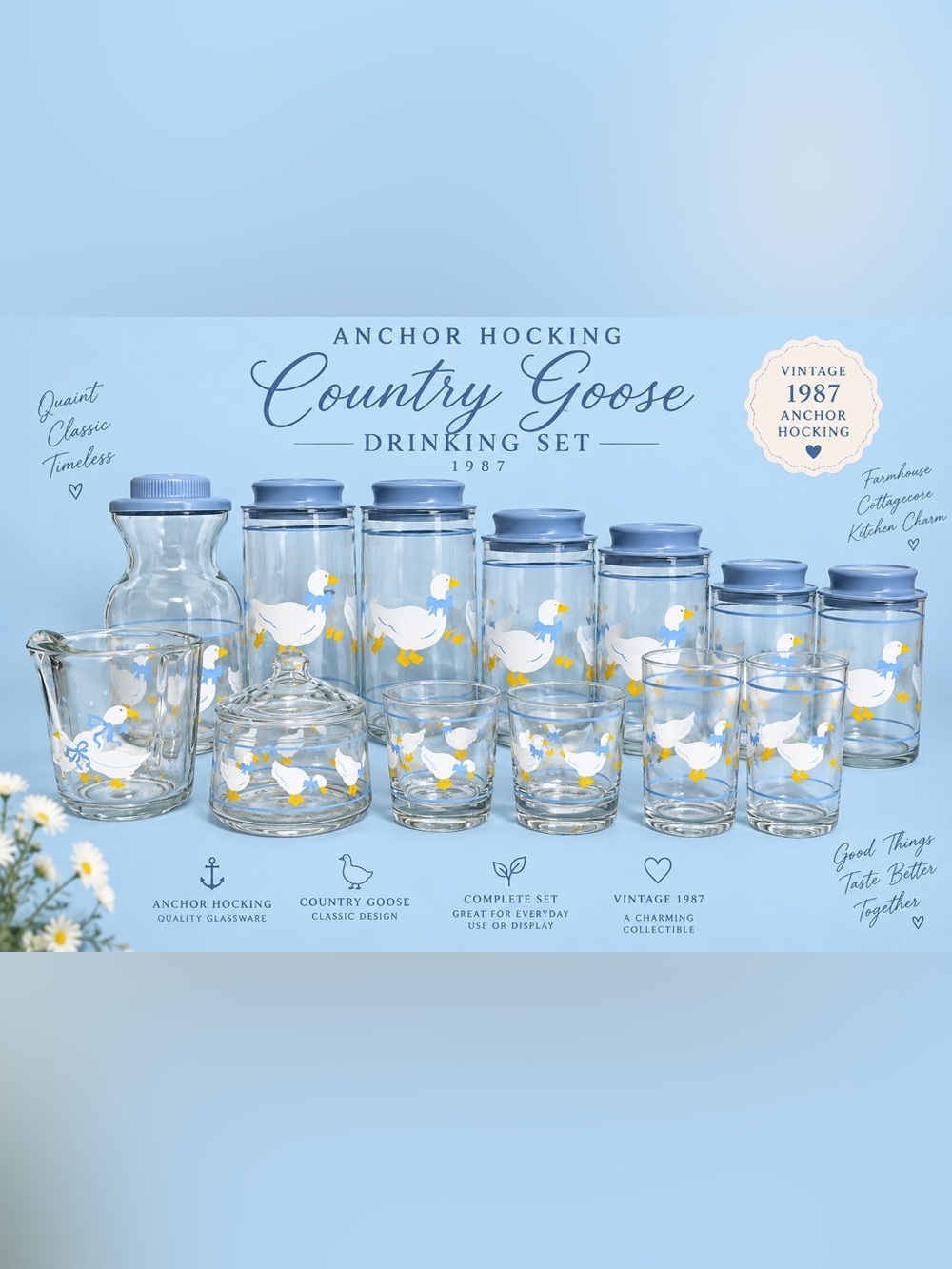 Anchor Hocking Country Goose Glassware Set in Blue, White, Yellow